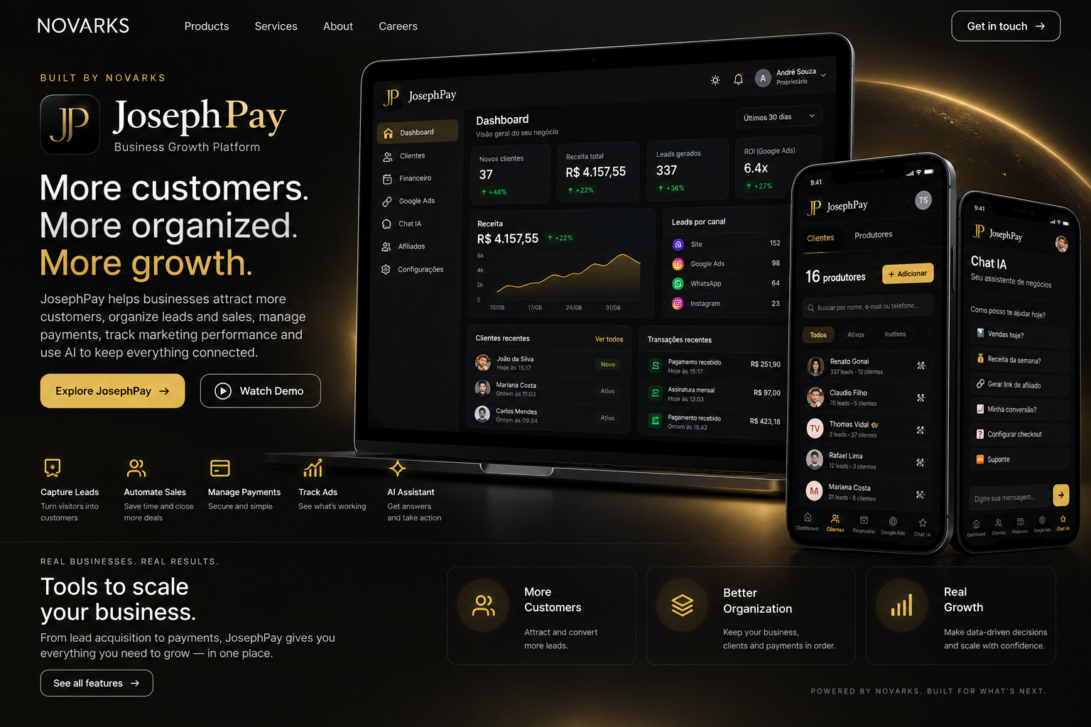 JosephPay business growth platform dashboard across laptop and mobile devices